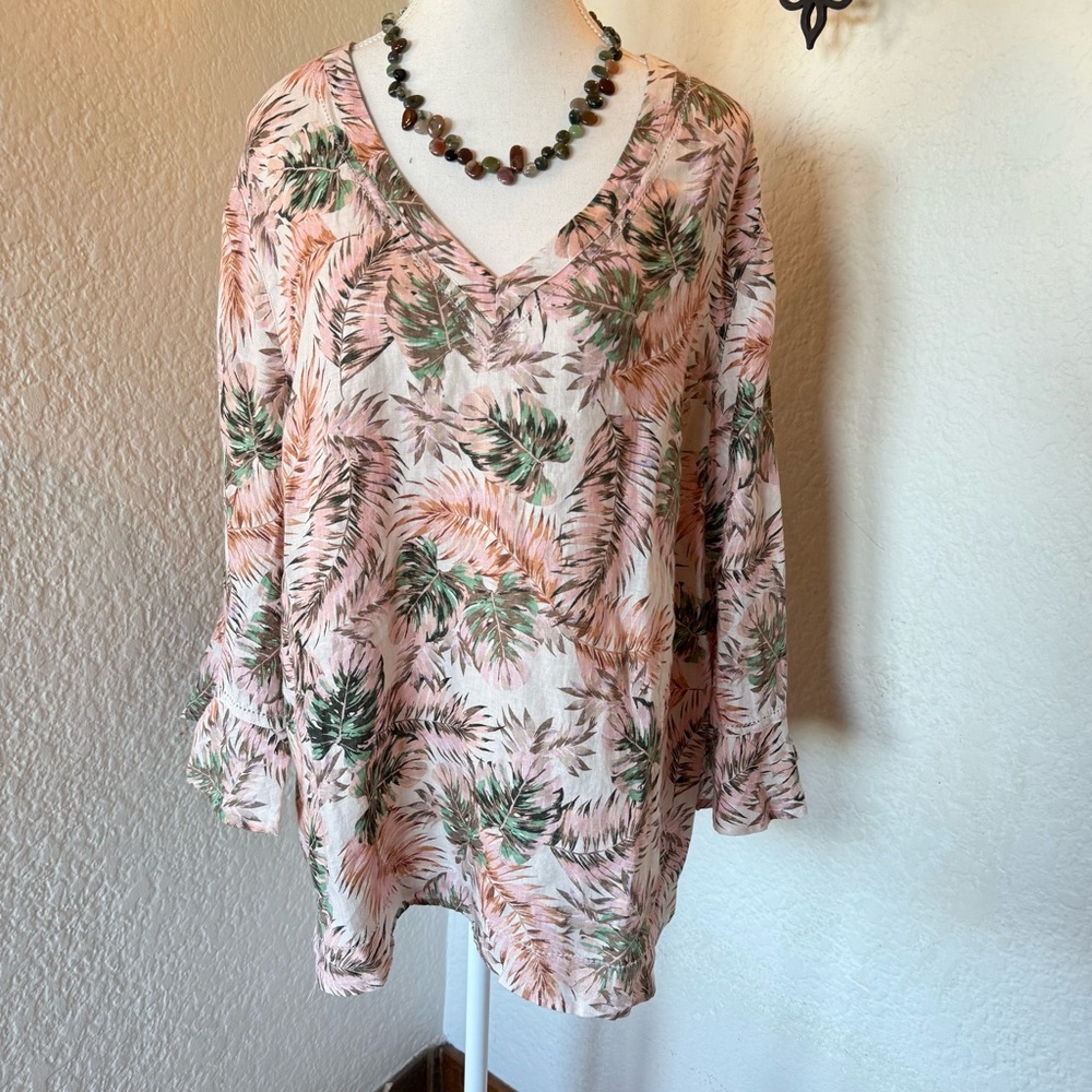 NWT J. Jill Love Linen Tropical palm Bell 3/4 Sleeve Blouse Peasant Top XL